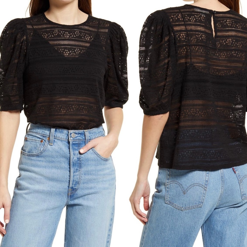 Nordstrom Treasure & Bond Puff Sleeve Stretch Cotton Top Medium M Black Lace